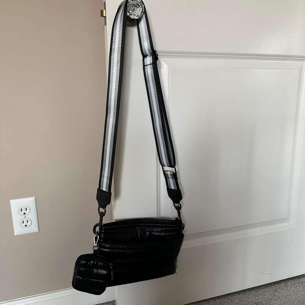 THINK ROYLN Black Quilted Messenger Bag with Black-and-White Striped Strap